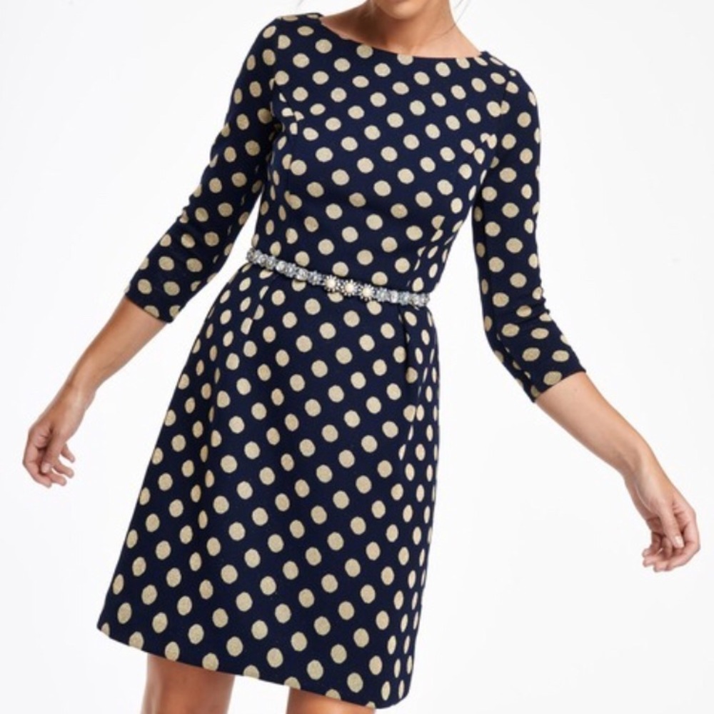 NWOT Boden Gold Polka Dots Midi Dress